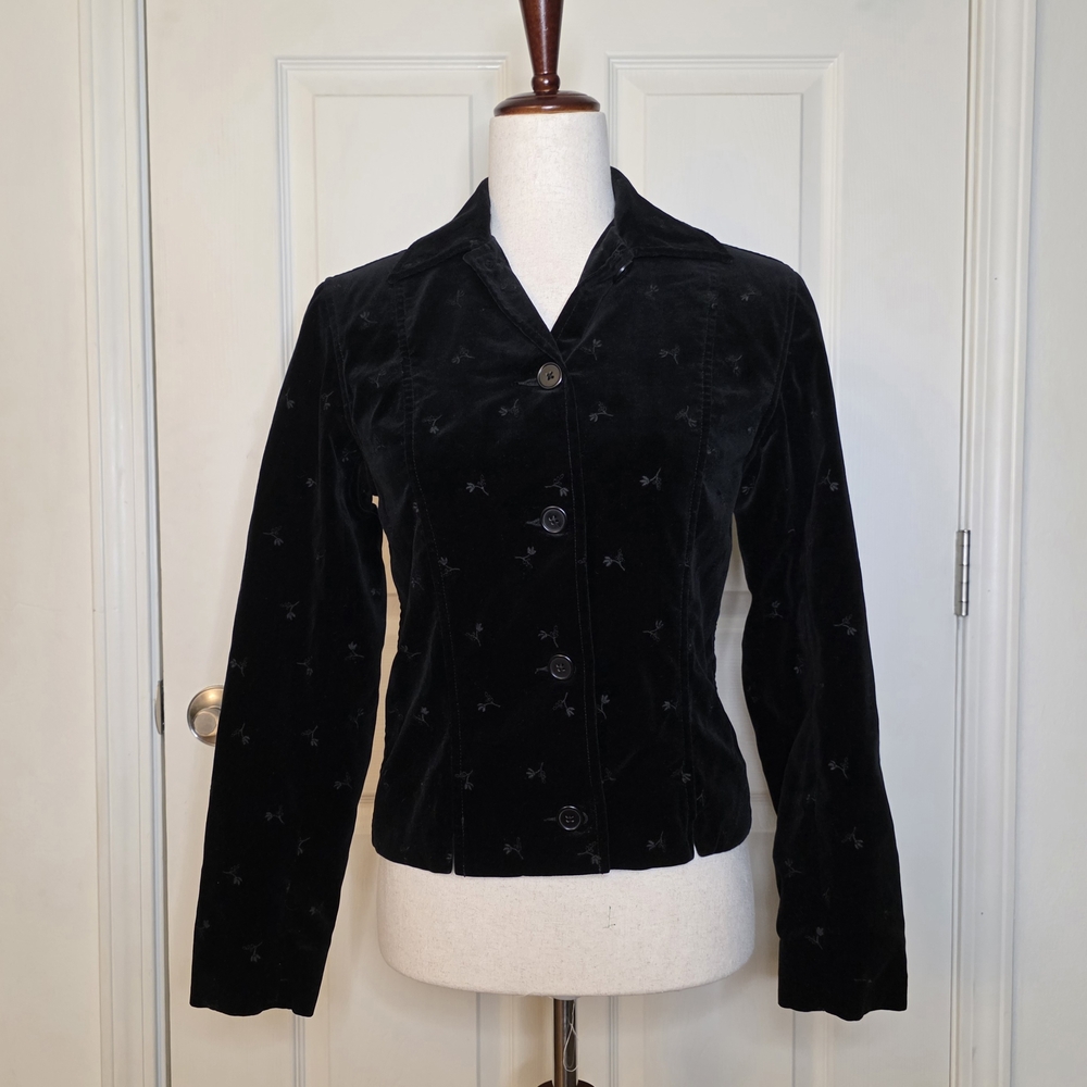AT Denim Black Velour Floral Embroidered Button Down Jacket